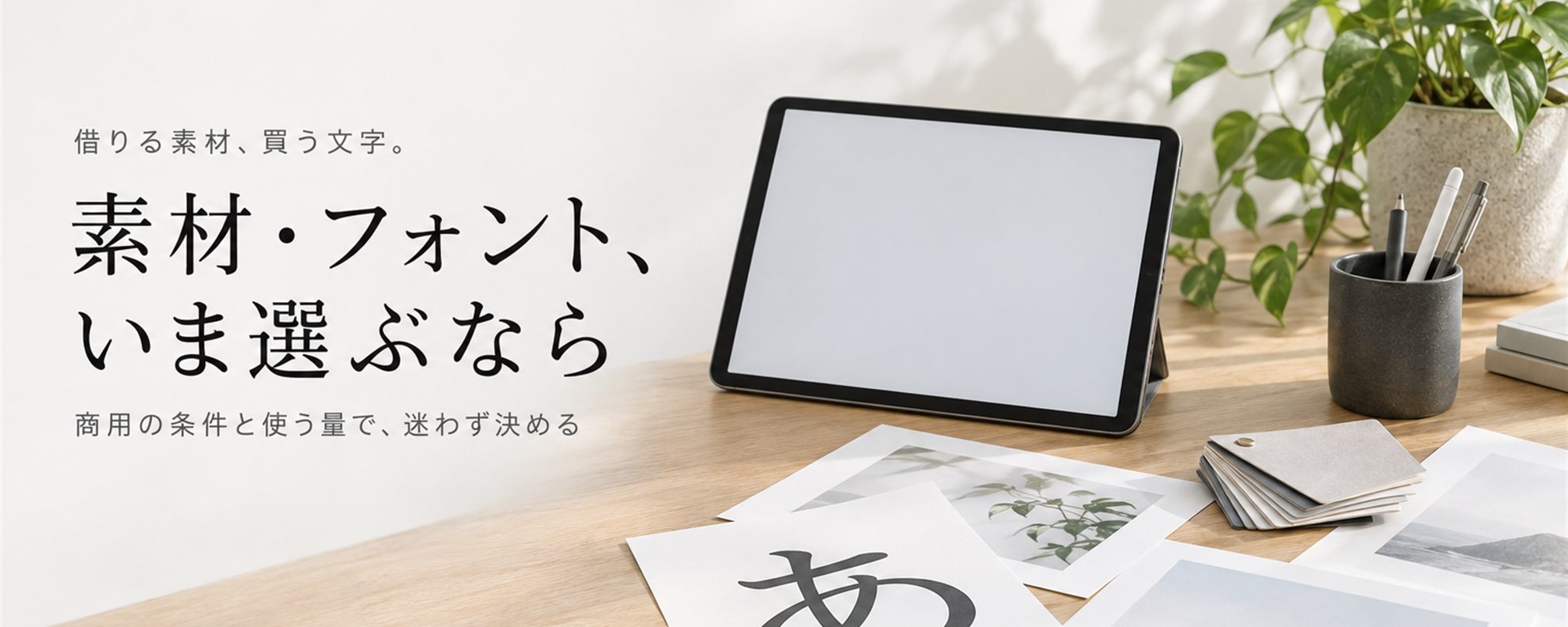 素材・フォント、いま選ぶなら — 借りる素材、買う文字。